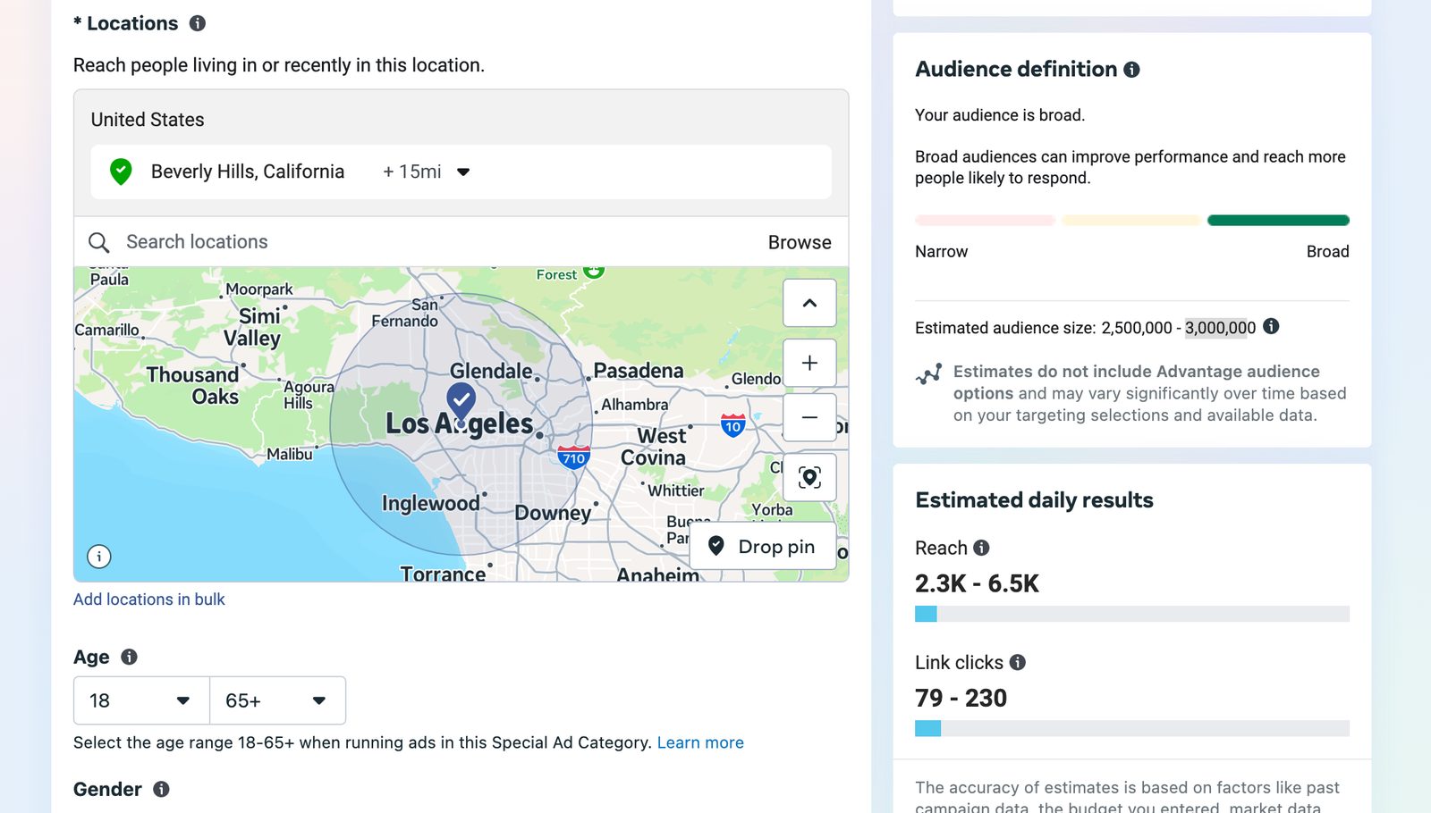 A live advertising platform screen showing a fifteen mile radius around Beverly Hills reaching an estimated 2.5 to 3 million people