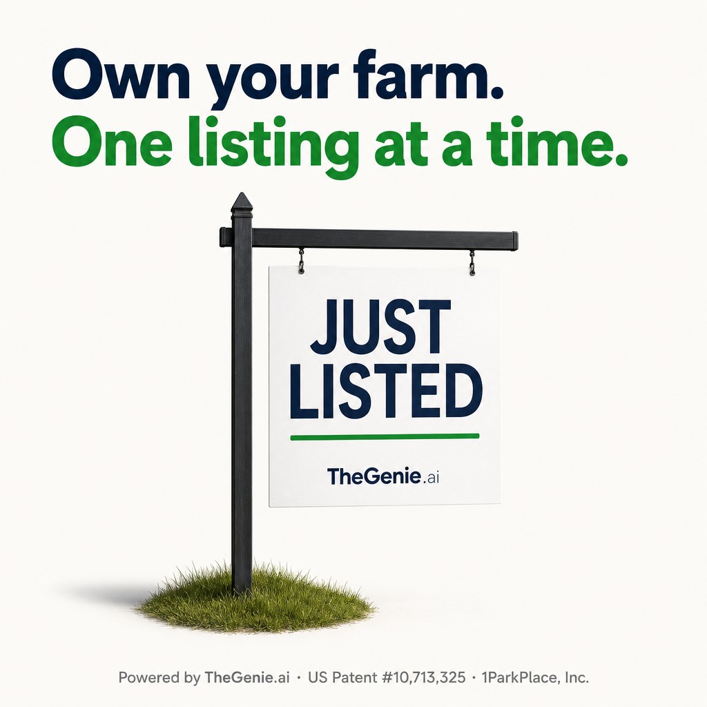 A Just Listed yard sign under the line: own your farm, one listing at a time